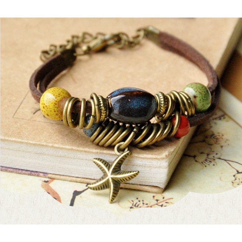 Unisex Vintage Porzellan Charm mehrschichtiges verstellbares Armband