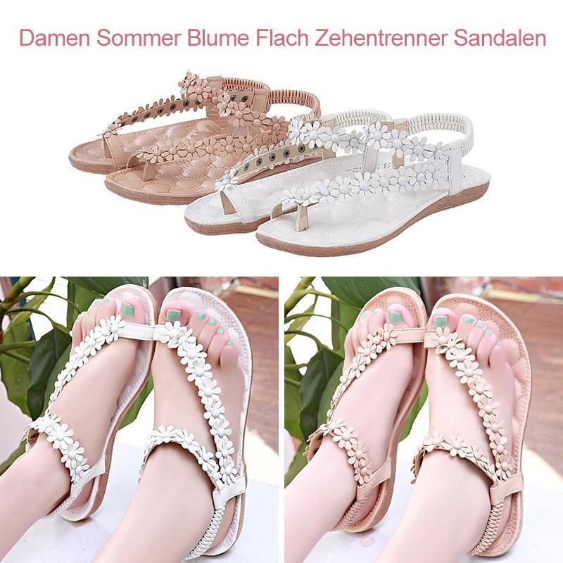 Damen Sommer Blume Flach Zehentrenner Sandalen