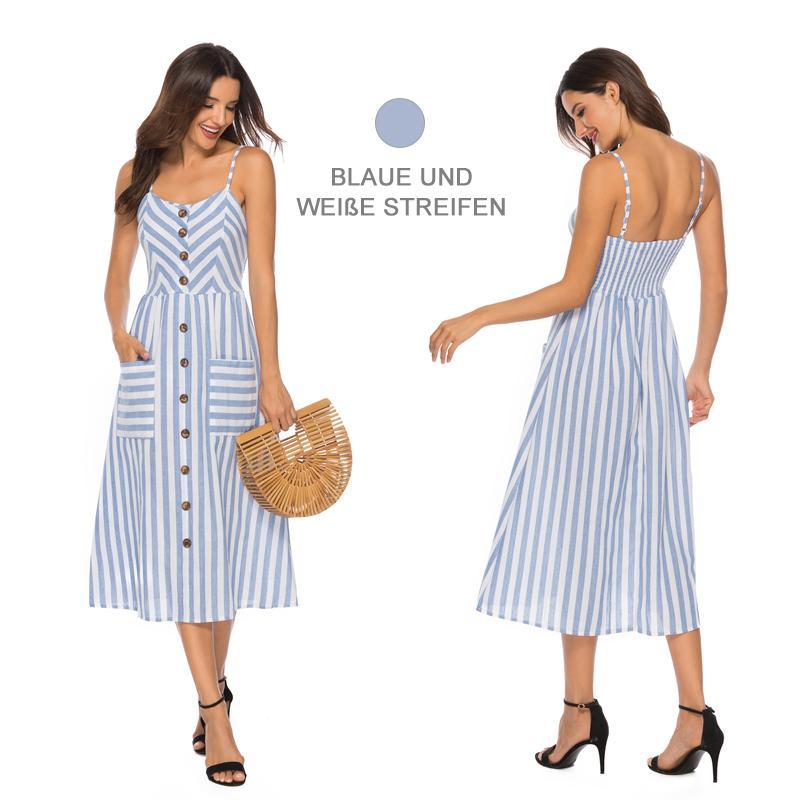 Gestreifte Spaghetti-Träger der Frauen Button-Down-Swing-Midikleid mit Taschen Sommer-Strandfest-Sommerkleid-Blau